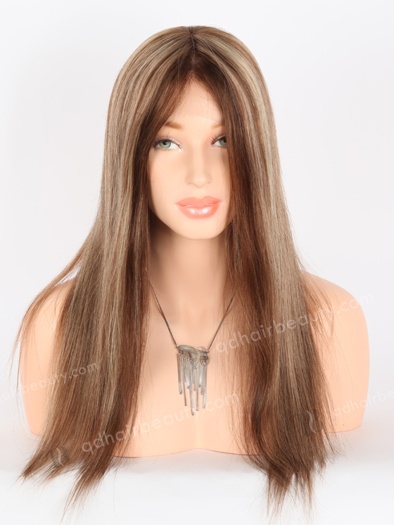 In Stock European Virgin Hair 18" Straight 4/8/14# Highlights, Roots 4# Color Lace Front Silk Top Glueless Wig GLL-08068